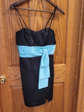 Alfred Angelo Black Mini Dress with Light Blue Waist Sash